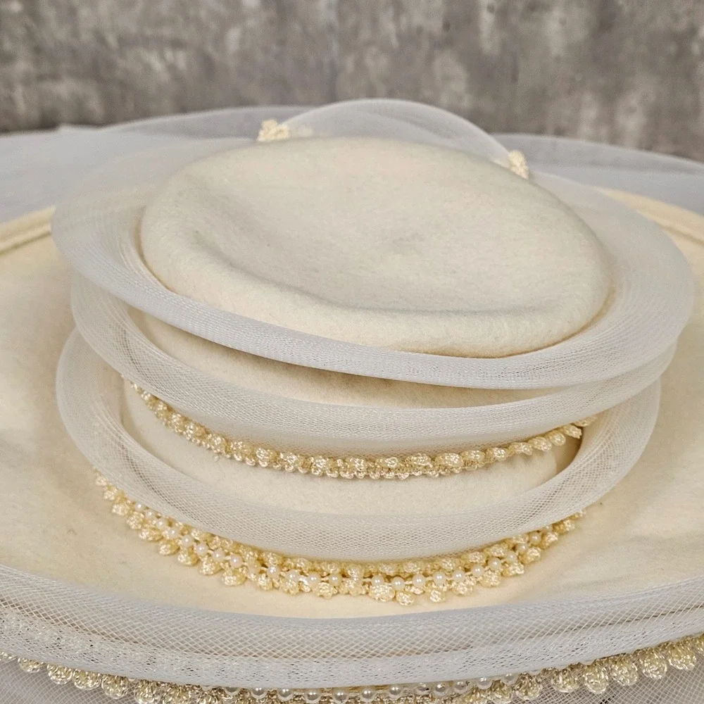 Vintage Church Hat Cream Formal Dress‎ Hat Pearl Beaded Wedding Party - Picture 13 of 13